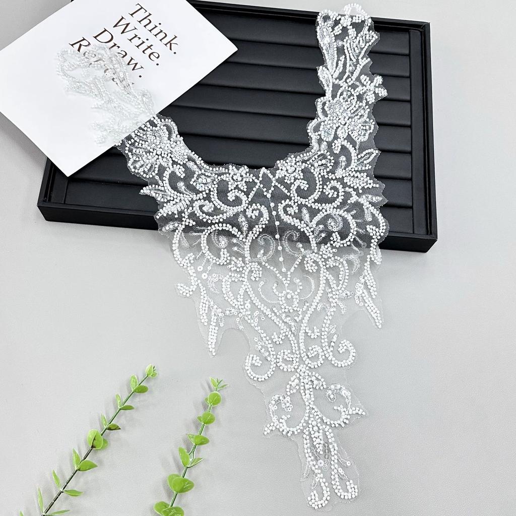 White Sequin Embroidery Decorative Front Neck Lace Fabric Flower Diy Pair Neck Wedding Dress Neckline