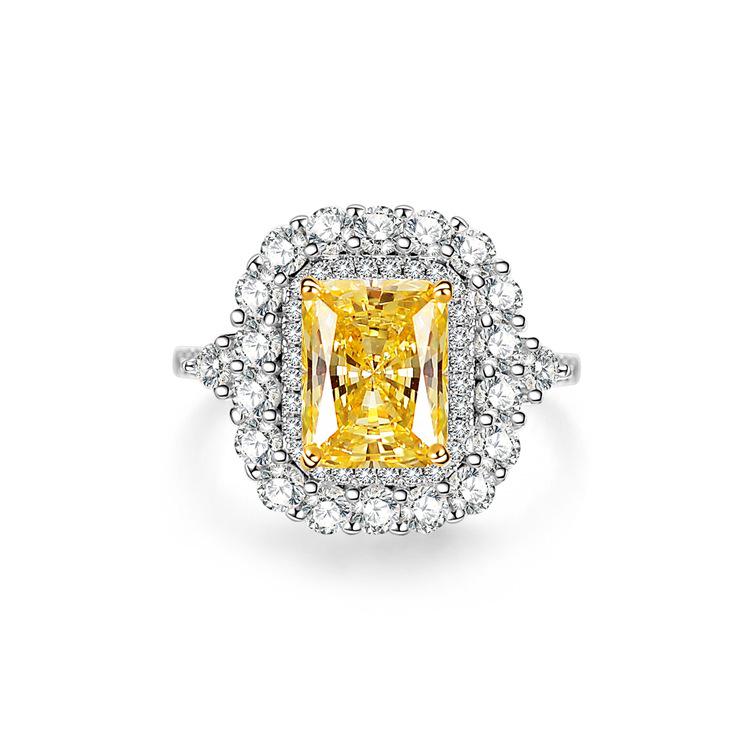 S925 Sterling Silver Radiant Cut Yellow Diamond Ring for Women – High-End Square Design, Cross-Border Bestseller