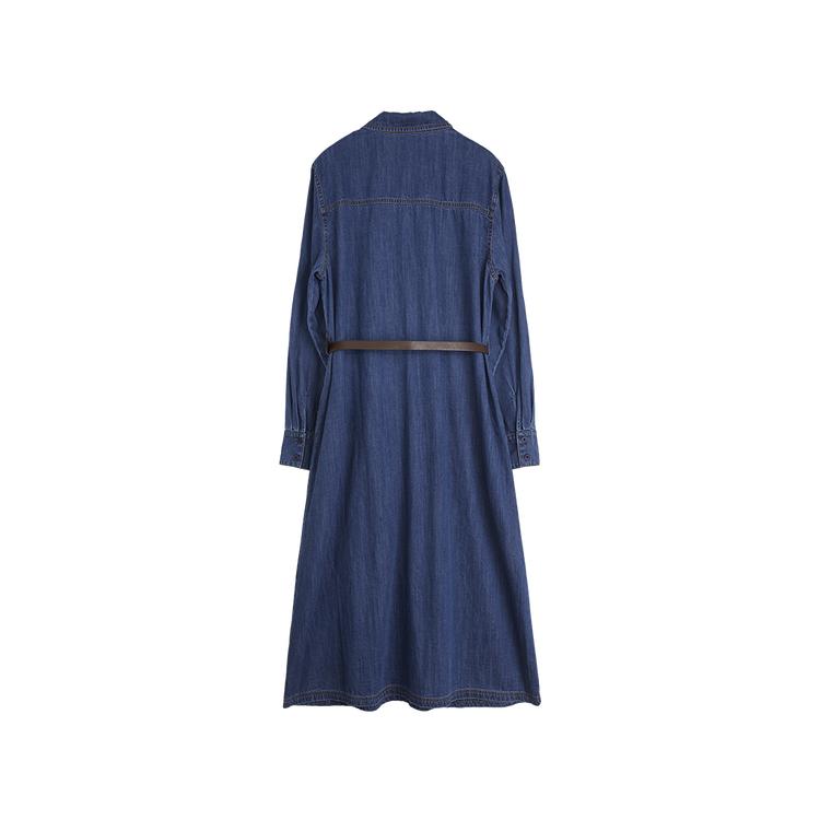 ELLE French Minimalist Tie Collar Loose Solid Color Long Dress Simple Elegant Long Sleeve Dress Women dresses Denim-Blue EL49248