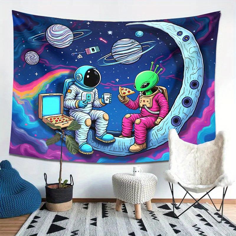 Astronaut Außerirdischer Wandteppich Kosmische Pizza-Party Psychedelische Weltraumkunst Polyester 5161 für Schlafzimmer oder Wohnheim