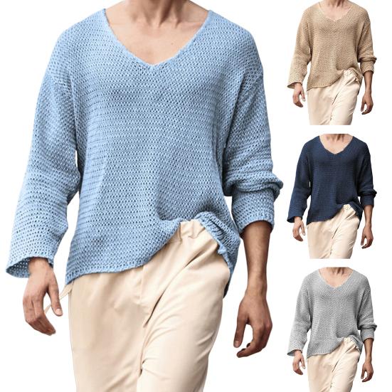 Men Sweater V Neck Easy To Match Breathable Elastic Comfortable Knit Long Sleeves Loose Pullover Fall Sweater Men Clothes