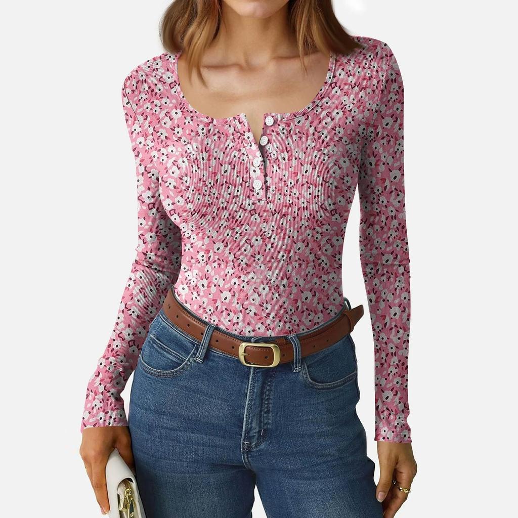Women's Slim Bottom T-shirt Fashion Casual Gradient Printing Round Neck Pullover Long Sleeve Top