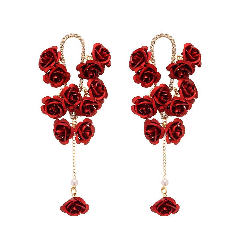 Elegant European & American Long Tassel Flower Earrings with Diamond-Inlaid Spray-Painted Design in Sterling Silver for Women
