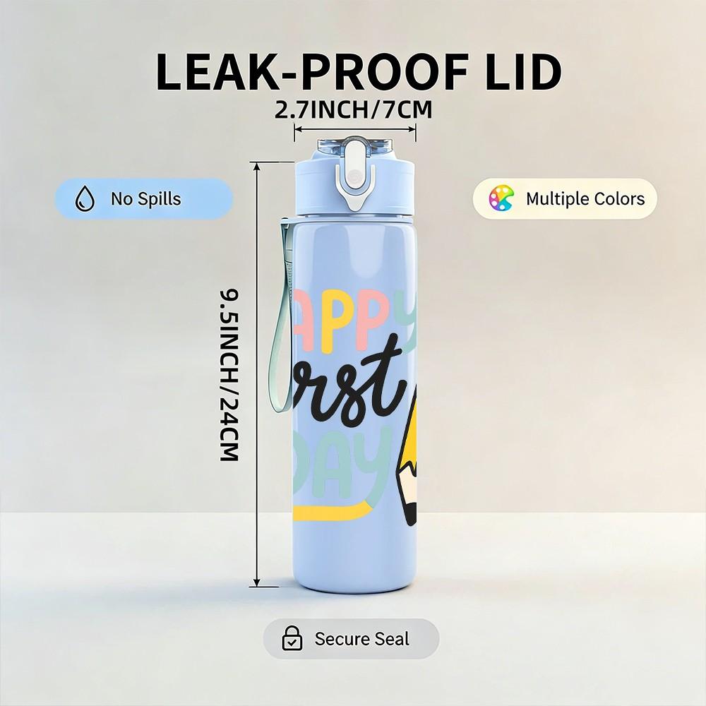 1PC Happy First Day Pencil Pattern 750ml Color Plastic Sports Water Bottle Leakproof Flip Straw Lid Suitable for Sports Office Home Use
