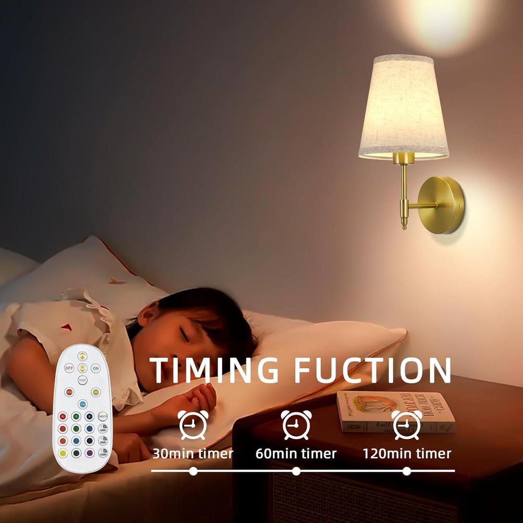 American-Style Wireless RGB Wall Lamp with Remote Control and Fabric Shade for Bedside, Living Room, or Stairwell
