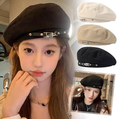 Fashion Metal Buckle Women Beret Korean Girl Octagonal Caps Solid Retro Hat Painter Cap Color S V9D6