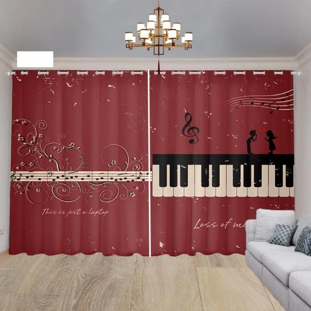 2PCS Music Stage Electric Guitar Piano White Black Key Design Sunshade Curtains Living Room Bedroom Home Decor Thin Curtains