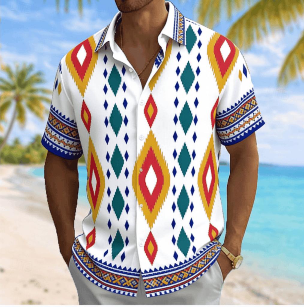 Men's Ethnic Diamond Geometric Print Short Sleeve Shirt, Spring Summer Casual Vacation Turn-Down Collar Blouse, Loose Fit Top