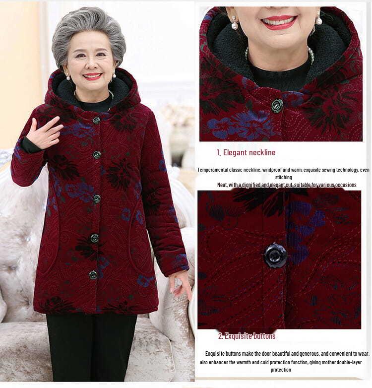Elderly Women's Cotton-Padded Winter Jacket - Thickened Velvet Coat for 70-Year-Olds