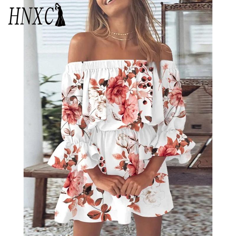 HNXC Women's Fashion Summer Spring Solid Color Print 1/2 Sleeves One Shoulder High Waist Casual Dresses