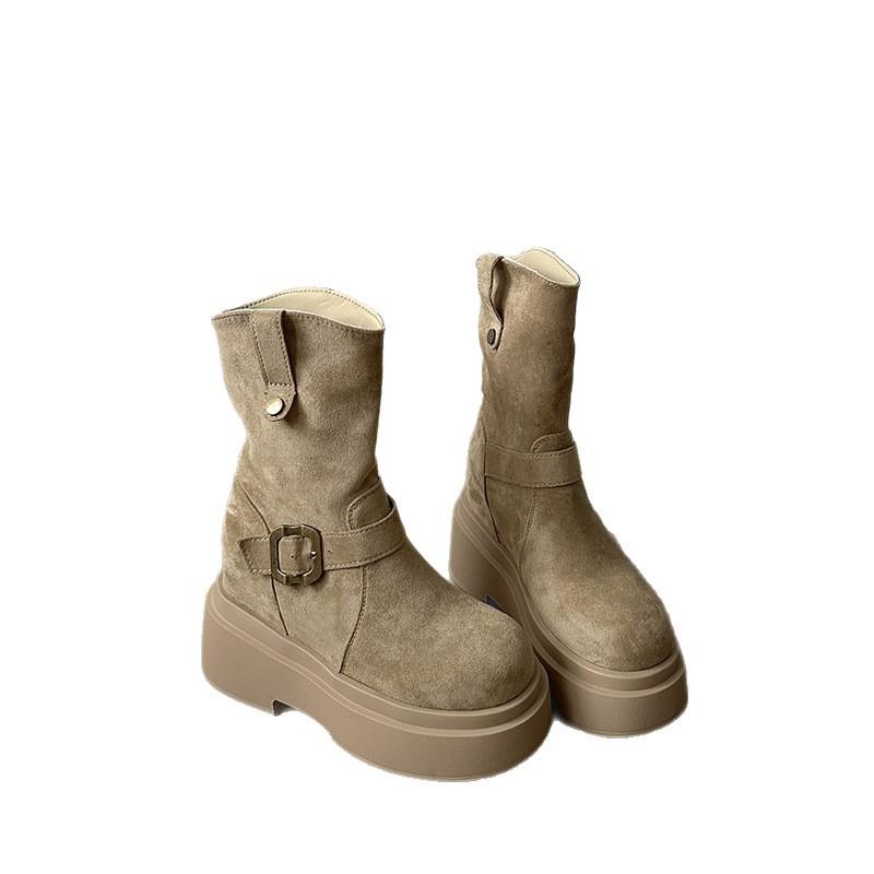 Autumn thin short boots inner height increase small versatile new women's boots short tube locomotive thick bottom short tube black