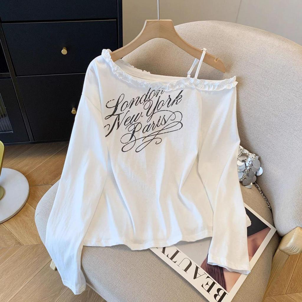 Women's Plus Size Off-Shoulder Letter Print Long Sleeve Lace Top