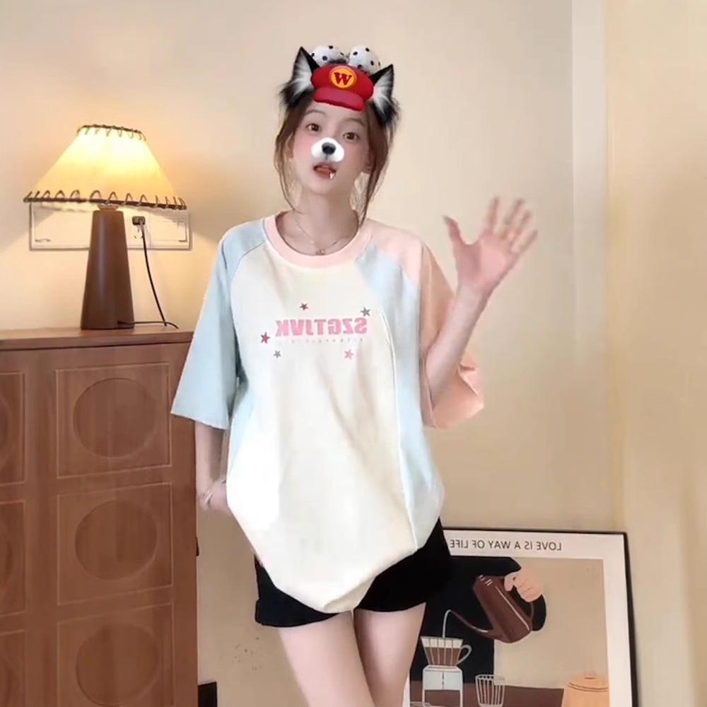 Women's Dopamine Color Block Raglan Short Sleeve T-Shirt - Summer 2025 Loose Design Niche Top