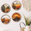 4 Pcs Boho Wall Art, Bohemian Sunset Mountain Plant Wall Decor, Wooden Round Circle Hollow Out Farmhouse Hanging Ornament for Bedroom, Living Room