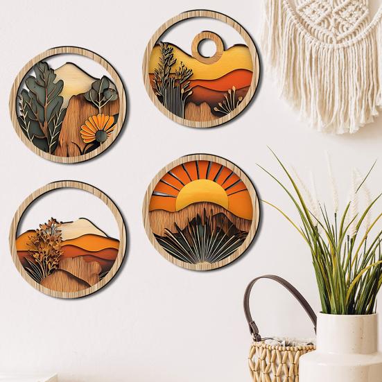 4 Pcs Boho Wall Art, Bohemian Sunset Mountain Plant Wall Decor, Wooden Round Circle Hollow Out Farmhouse Hanging Ornament for Bedroom, Living Room