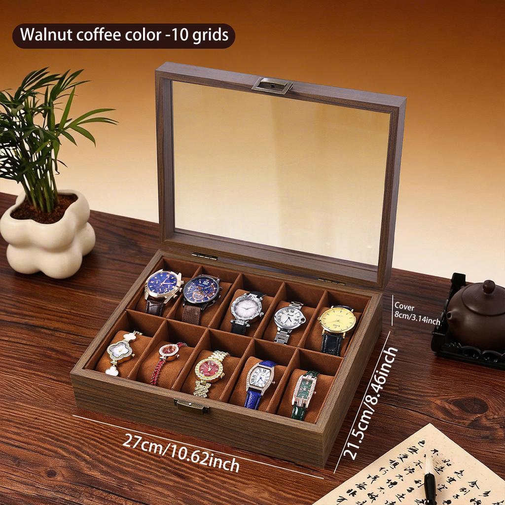 1pc Multi grid wooden watch box with glass cover adjustable jewelry storage box glasses bracelet velvet watch display box