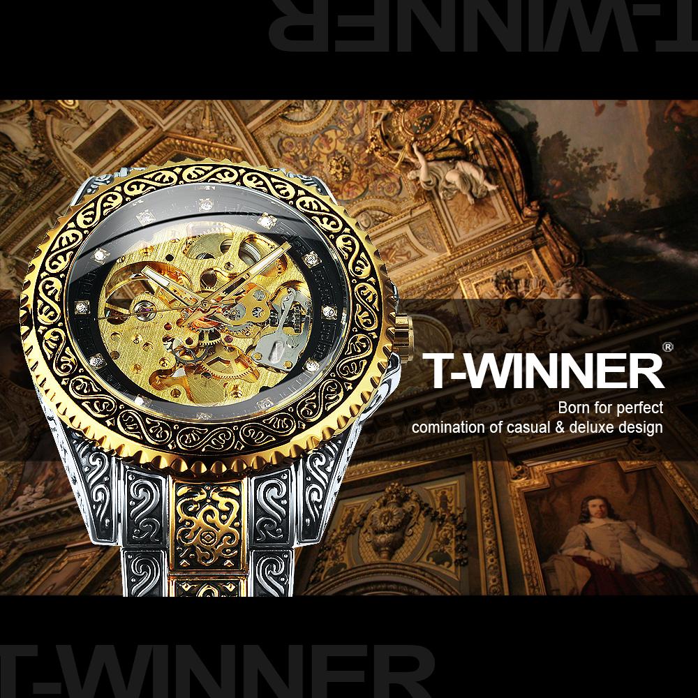 WINNER Vintage Engraved Skeleton Mechanical Watch for Men Rotating Bezel Stainless Steel Strap Luminous Automatic Mens Watches