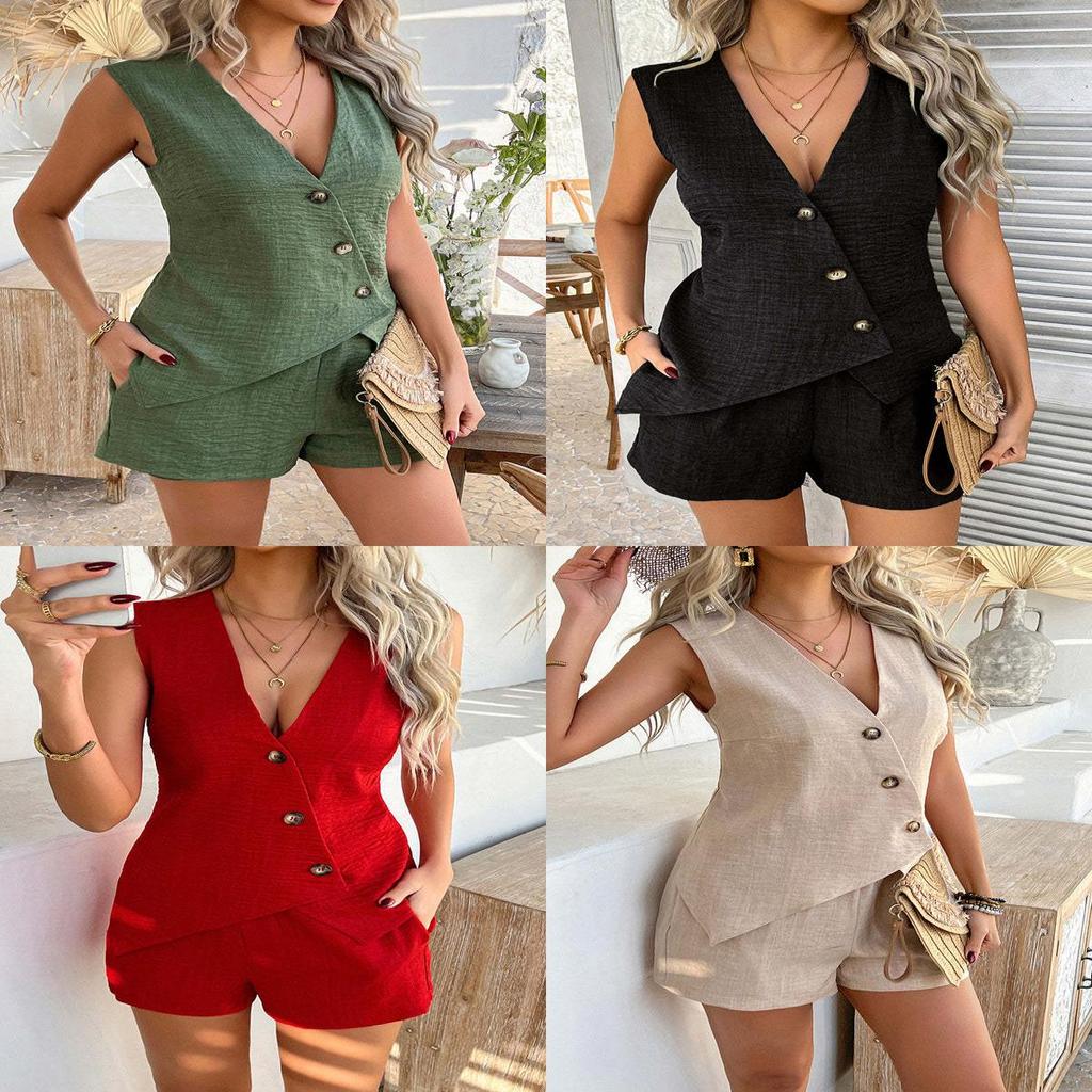 Fashion Summer Womens Casual Sets With Polyester Blend Button Plaid Blouse And Shorts For Street Style