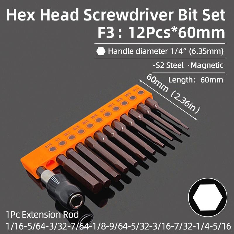 Hex Bit Set Head Allen Wrench Screwdriver Bit Set SAE Metric Hex Shank Magnetic Screw Driver S2 Steel Electric Drill Hand Tools