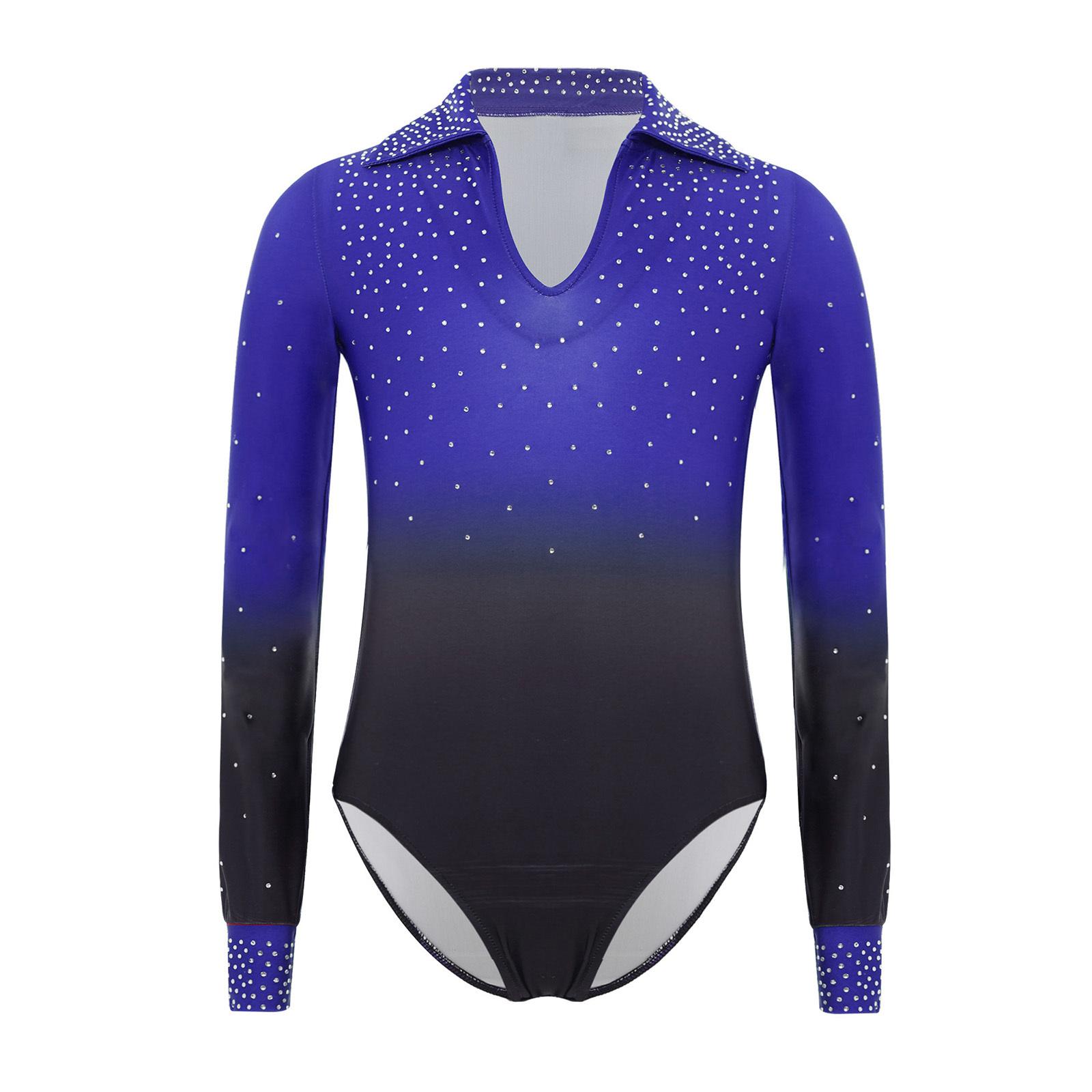 Jungen Gymnastik Tanz Leotard Umlegekragen Langarm Glänzend Strasssteine Farbverlauf Bodysuit 7-8 Years königsblau