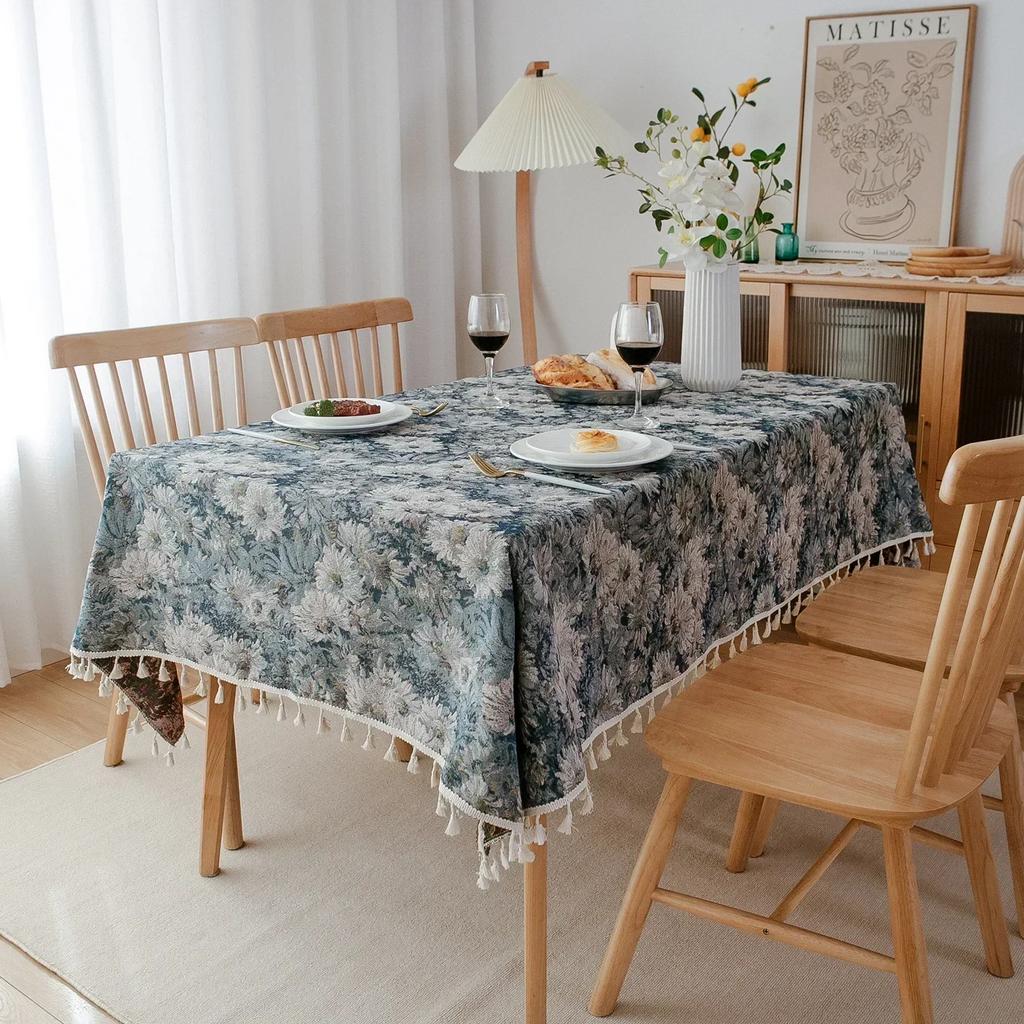 Kwastrand Katoen Linnen Tafelkleed Rood Feestdagen Jacquard Eettafelkleed Bloempatroon Stofdicht Tafelkleed Achtergronddoek