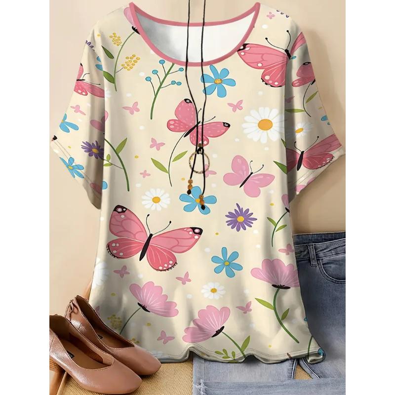

Fashion Women s Flower Short Sleeve Crew Neck Short Sleeve 3D Flower Color Printing Butterfly Short Sleeve 6XL