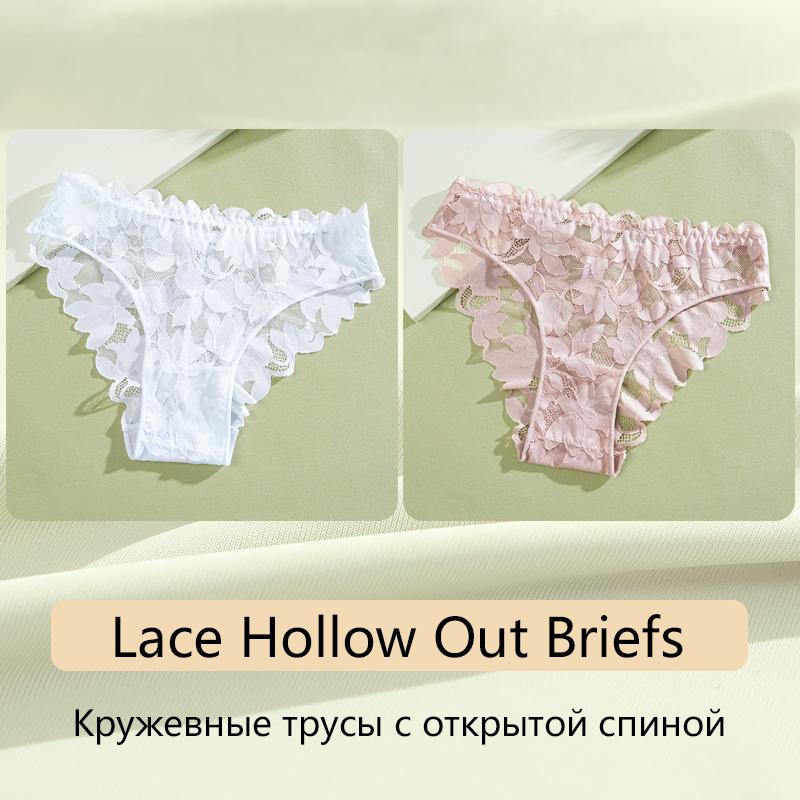 FINETOO 2Pcs Women's Satin Floral Lace Underwear Sexy Hollow Out Panties Solid Low-Waist Perspective Briefs Girls Soft Lingerie