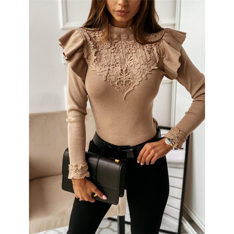 Women's New Autumn and Winter Long-sleeved Round Neck Lace Decoration Solid Colour Bottoming Shirt