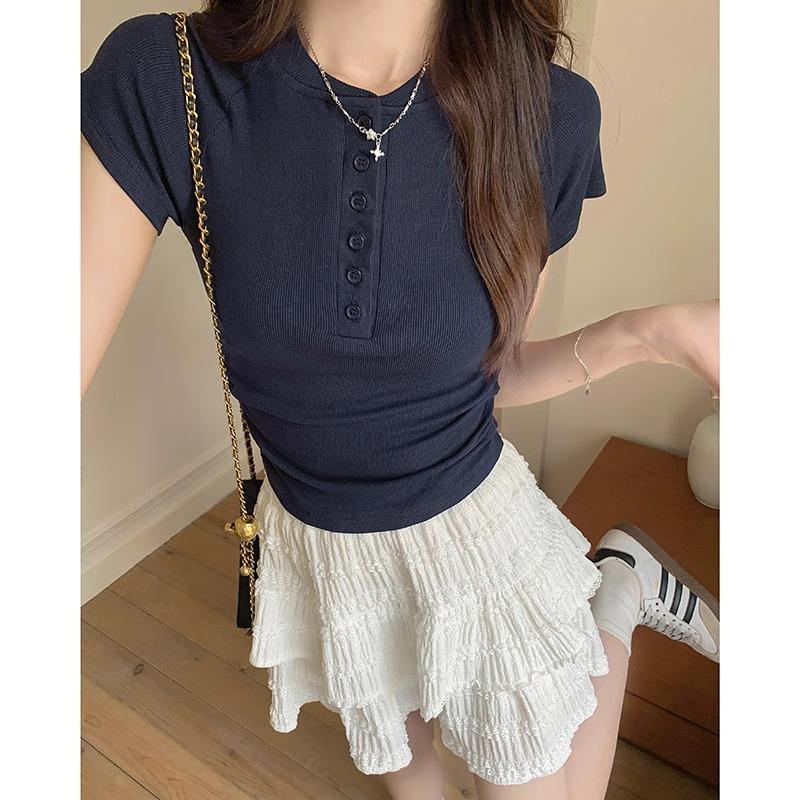 French Summer Solid Color Button Upright Shoulder Half Open Collar Short Sleeve Waist Sweet Hot Girl Slim Fit Raglan Sleeve T-Shirt for Women