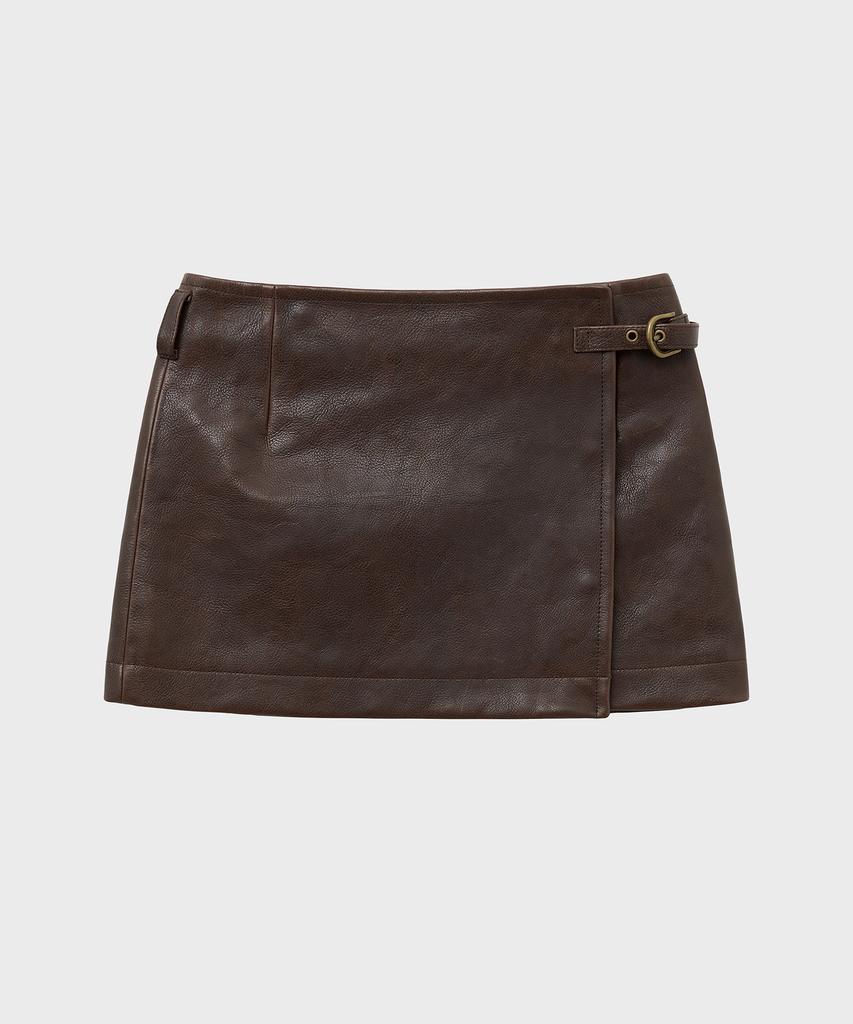 Noir For Woman Antique Cow Leather Layered Wrap Skirt (Brown)