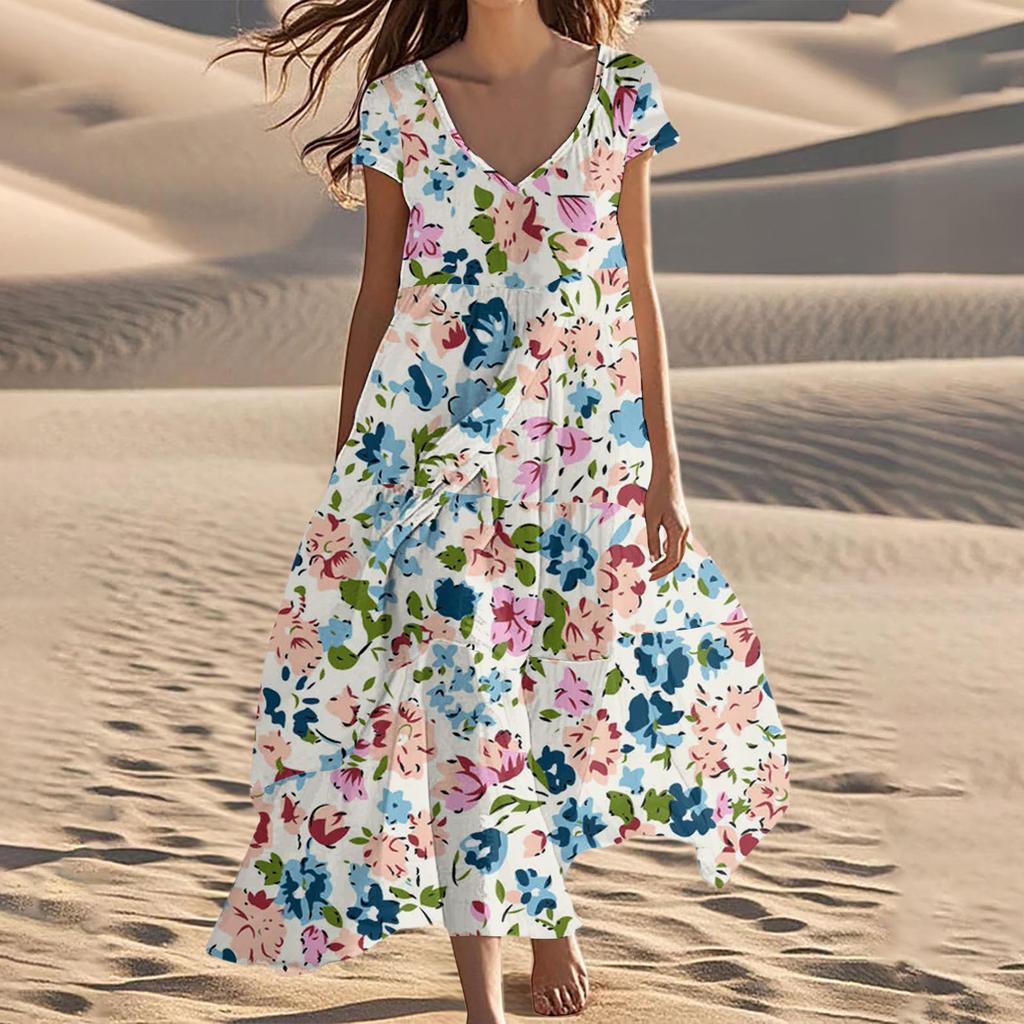 Women's Summer Fashion V-Neck Beach Long Short Sleeve Floral Printed Dresses