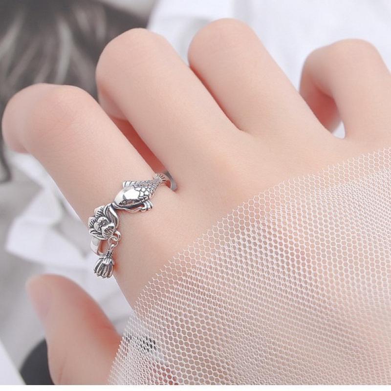 Lucky Koi Silver Adjustable Ring - Women's 925 Sterling Retro Ethnic Style with Lotus Pod and Fish Design for Abundance