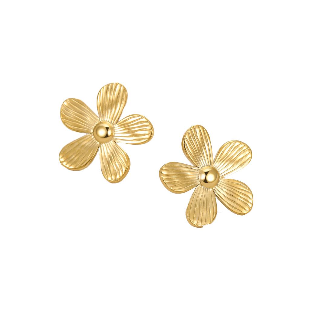 GEMCHIC Women's Vintage 18K Gold Plated Stainless Steel Five-Petal Flower Earrings Luxury Textured Floral Studs Fashion Jewelry