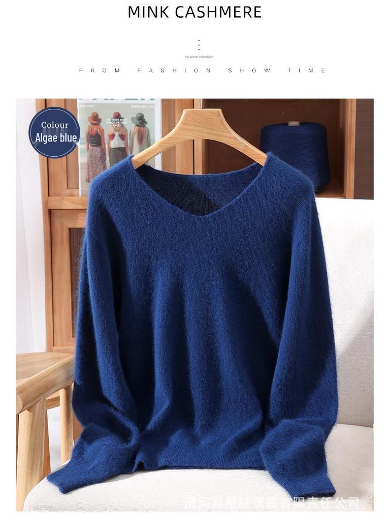Damen Schlank geschnittener V-Ausschnitt Nerz Kaschmir Pullover, Große Größen, Herbst/Winter Pullover