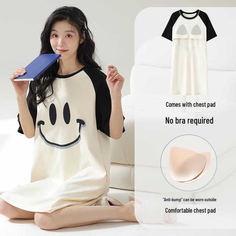Women's Cartoon Cotton Nightgown with Bra Pads - Short Sleeve, 2024 Summer Style Pajamas