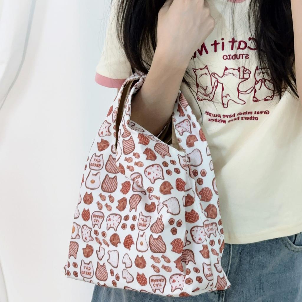 Japanese Style Cartoon Cat Bucket Bag Student Handbag 2024 New Simple Commuter Lunch Bag Outdoor Storage Bag