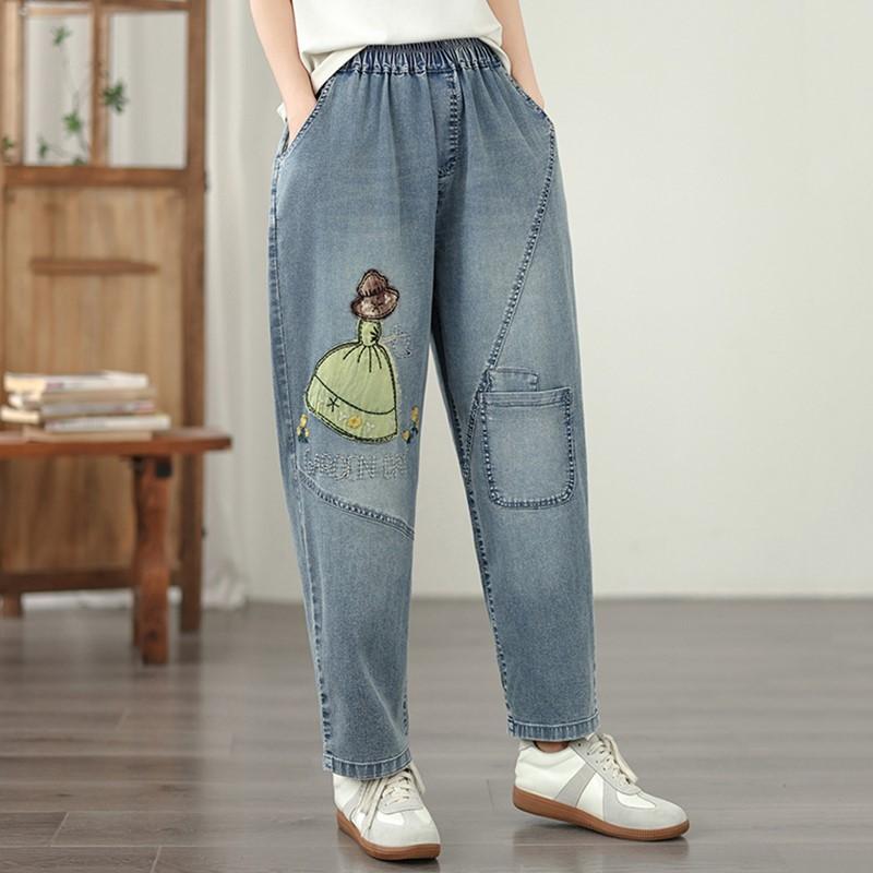 Plus Size Vintage Embroidery Character High Waist Casual Loose Women Spring Summer Autumn Jeans Denim Harem Pants