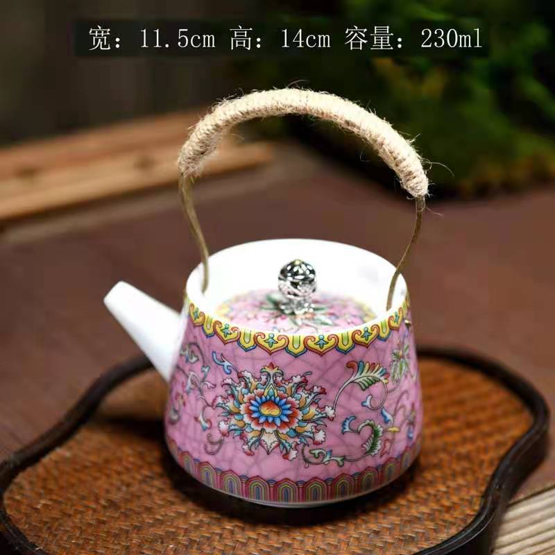 Large Ceramic Teapot Set with Hand Painted Flowers Home Tea Brewing Kungfu Tea Kit with Handle