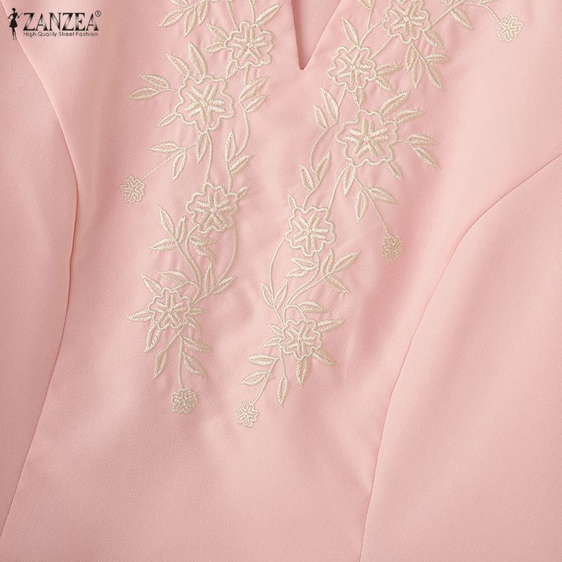ZANZEA Women Casual Embroidery V-Neck Loose 3/4 Sleeve Blouse