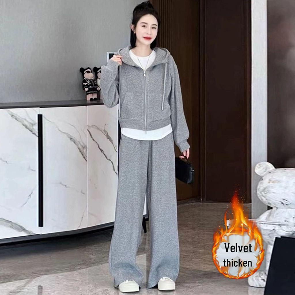 Conjunto de Ropa Deportiva para Mujer con Forro Polar: Sudadera con capucha y pantalones de pernera ancha para otoño/invierno casual y para correr.