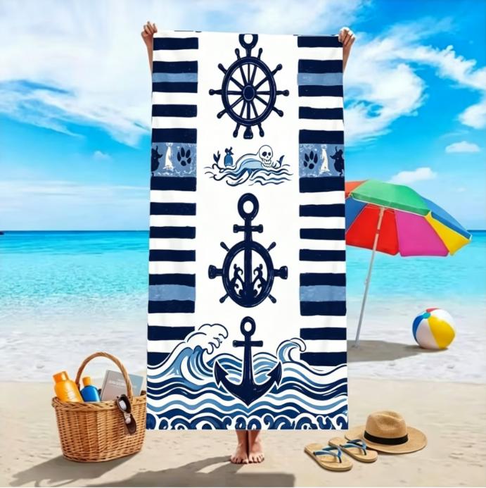 Large Microfiber Beach Towel, Nautical Anchor & Ship Wheel Print, Sand Free & Quick Dry, for Summer Beach Use