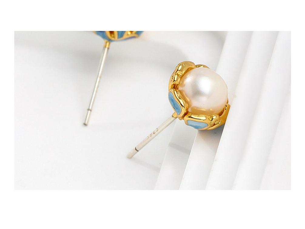 New Chinese Freshwater Pearl & Enamel Flower Stud Earrings - Elegant National Style for Women