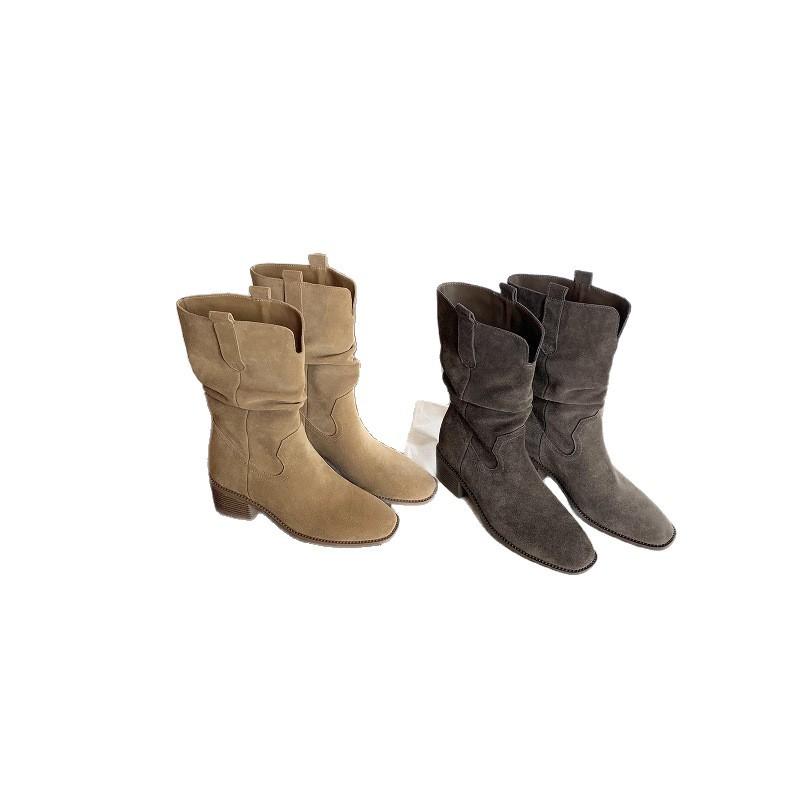 Cowhide Version Chaohui, the Same Style Has a Height Increase of 8cm, Korean Round Head V-mouth Thick Heel and Thin Stacked Short Boots, Women's Weste