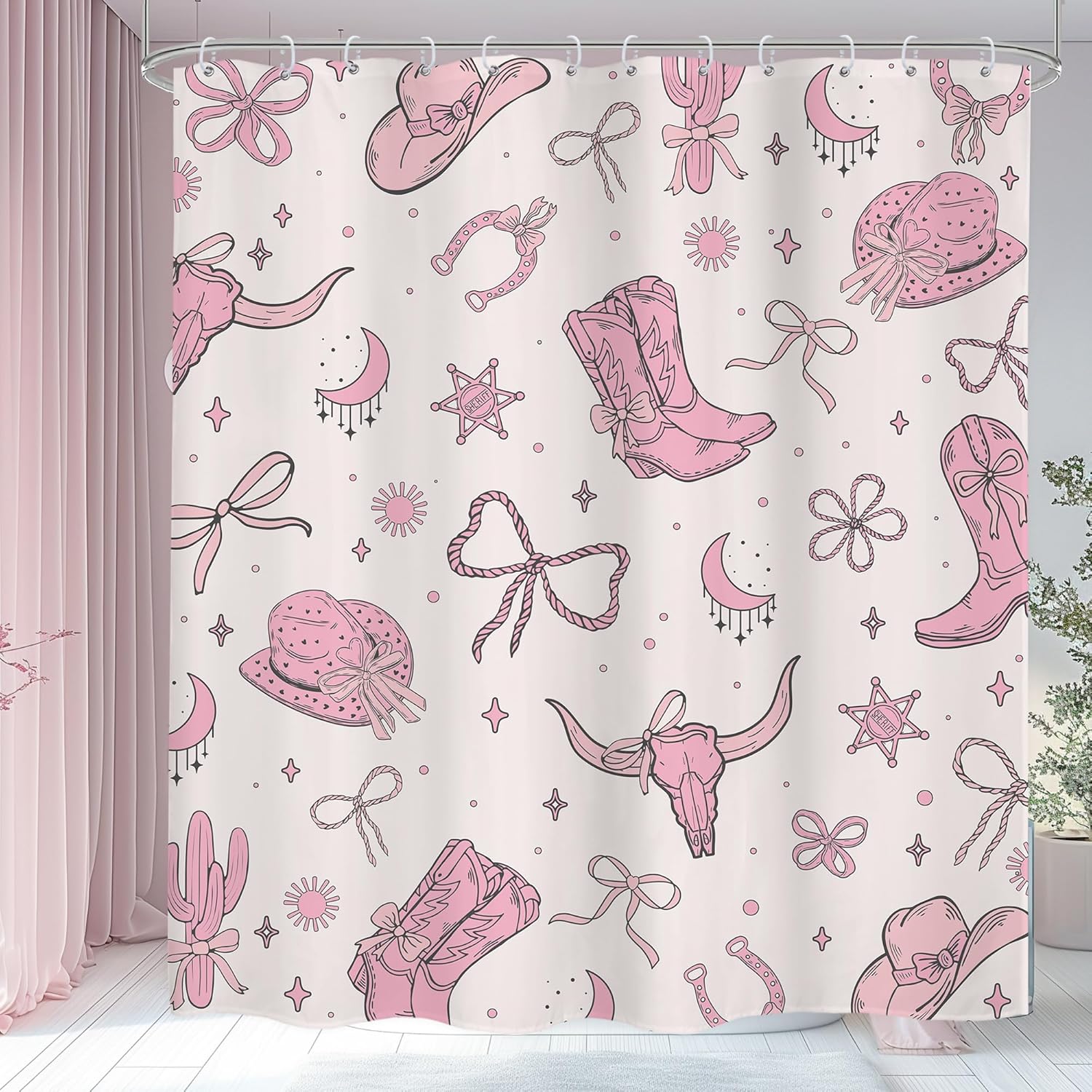

Pink Black Bow Shower Curtain Cherry Girly Preppy Modern Fruit Pretty Sweet Aesthetic For Girls Teens Cloth Fabric W60H190(CM)-1 Pcs