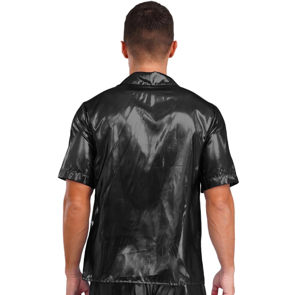 Mens See Through Shirt Turn Down Collar Short Sleeve Water Ripple Shine Beachwear Clubwear Top
