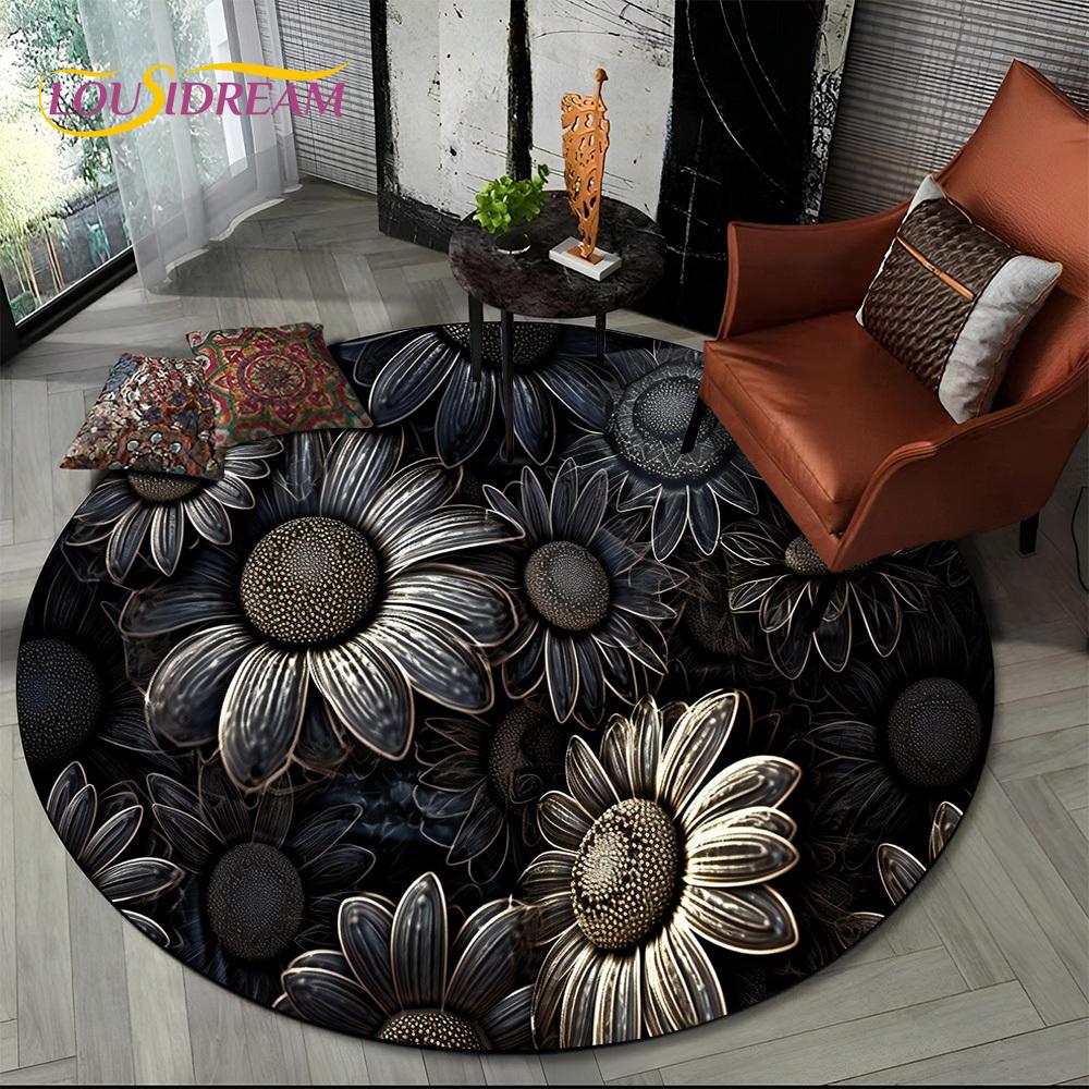 Luxuriöser Sonnenblumen 3D Rosen Nordische Gänseblümchen Runder Teppich Teppich für Wohnzimmer Schlafzimmer Sofa Dekor, Kinderbereich Teppich Rutschfeste Bodenmatte Geschenk