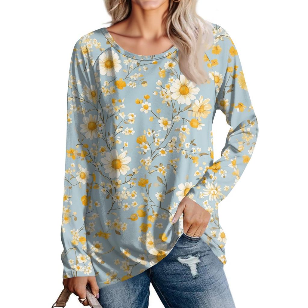 Damenmode Lässig Langarm Print Rundhals Pullover Top Bluse