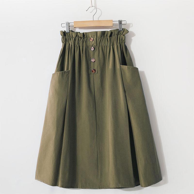 Woman Retro Vintage Solid High Waist A-Line Pockets Midi Skirt