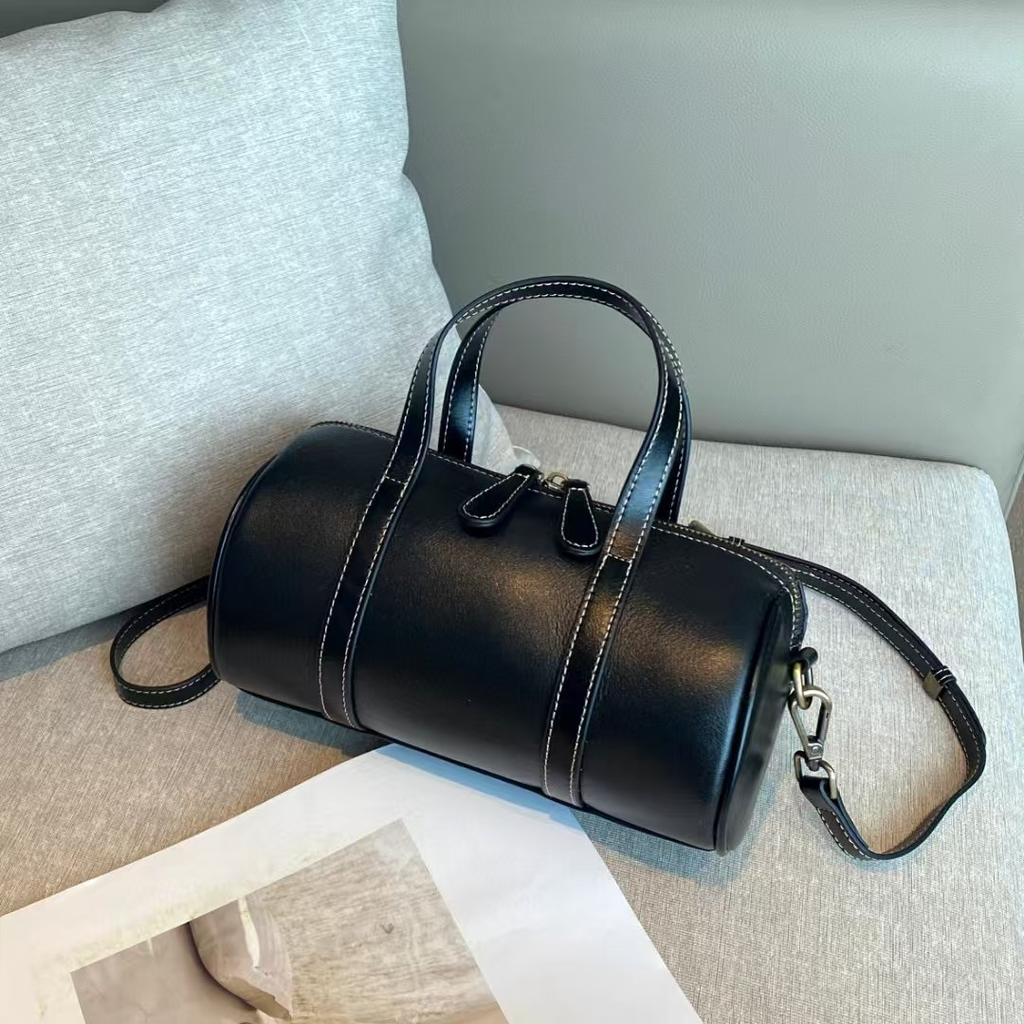 Top Layer Vegetable-tanned Cowhide Handbag New Cylinder Bag Retro Boston Pillow Bag Soft Leather Crossbody Bag Women