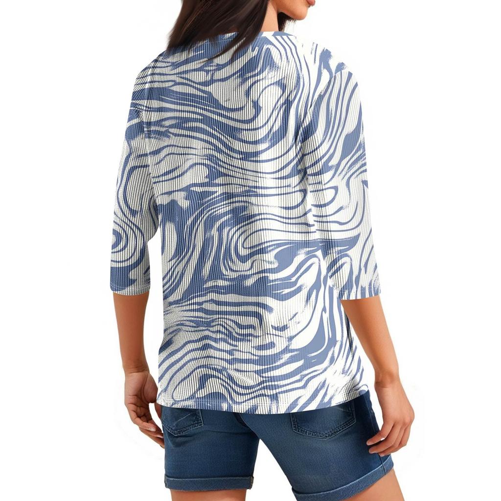 Damen T-Shirt Print Button 3/4 Ärmel Tunika Alltag Wochenendmode Basic V-Ausschnitt Normales Oberteil